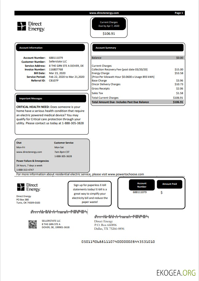 USA Texas Direct Energy utility bill template in Word and PDF format